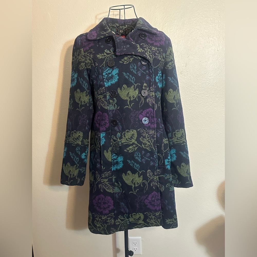 Retro Style Cottage Core Whimsigoth Merona Pea Coat With Floral Design